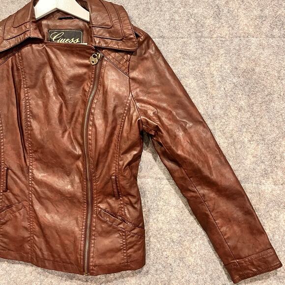 Guess Brown Moto Jacket Womens Medium Vintage Lined Zip Sleeves Pockets - Picture 6 of 15